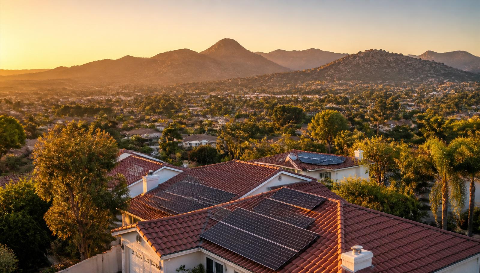 Aerial golden hour view of El Cajon East County San Diego neighborhood with Spanish tile rooftops, solar panels, palm trees, and the El Cajon mountain range in the background