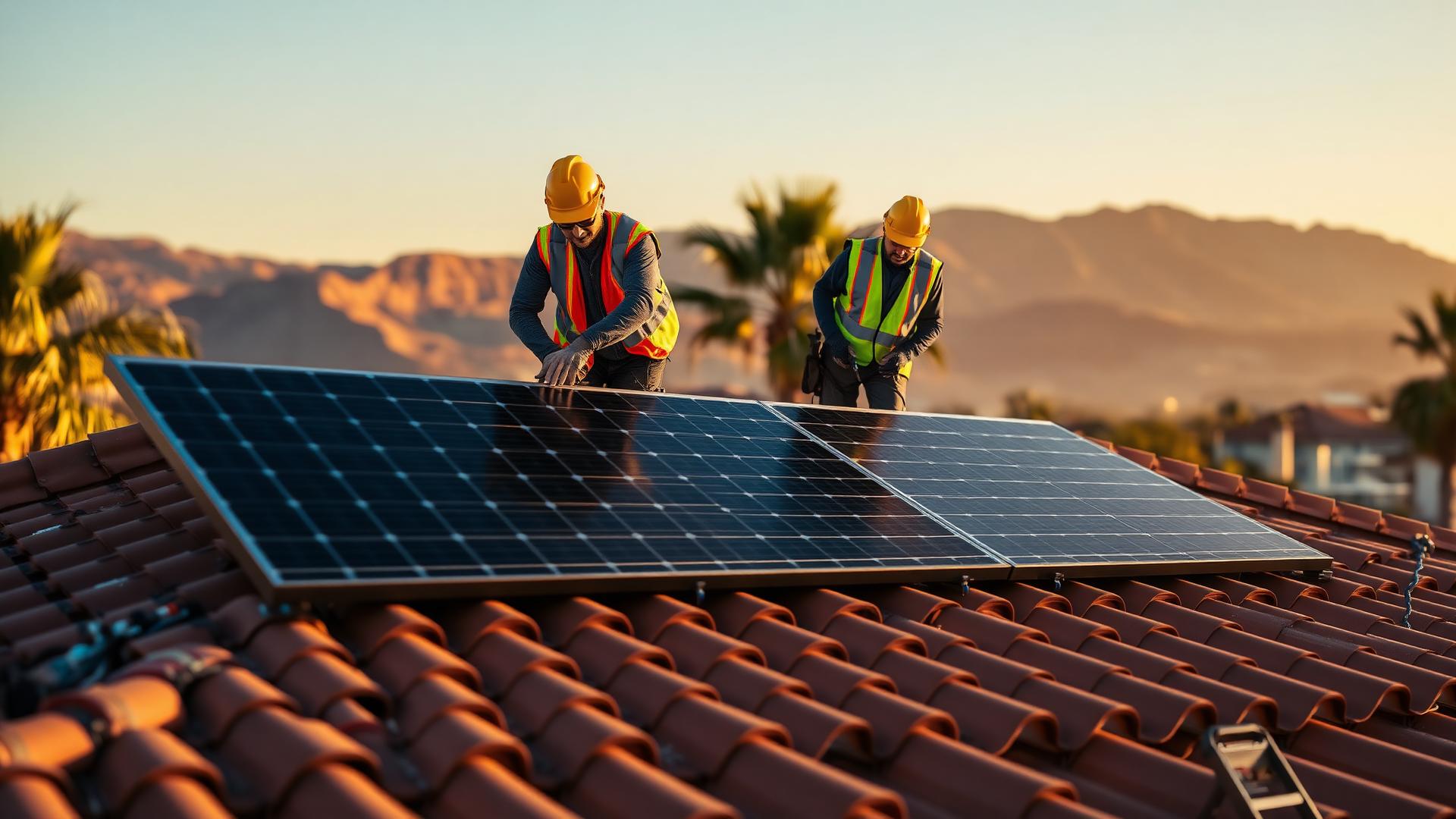 Aerial view of solar panels being installed on a Southern California rooftop